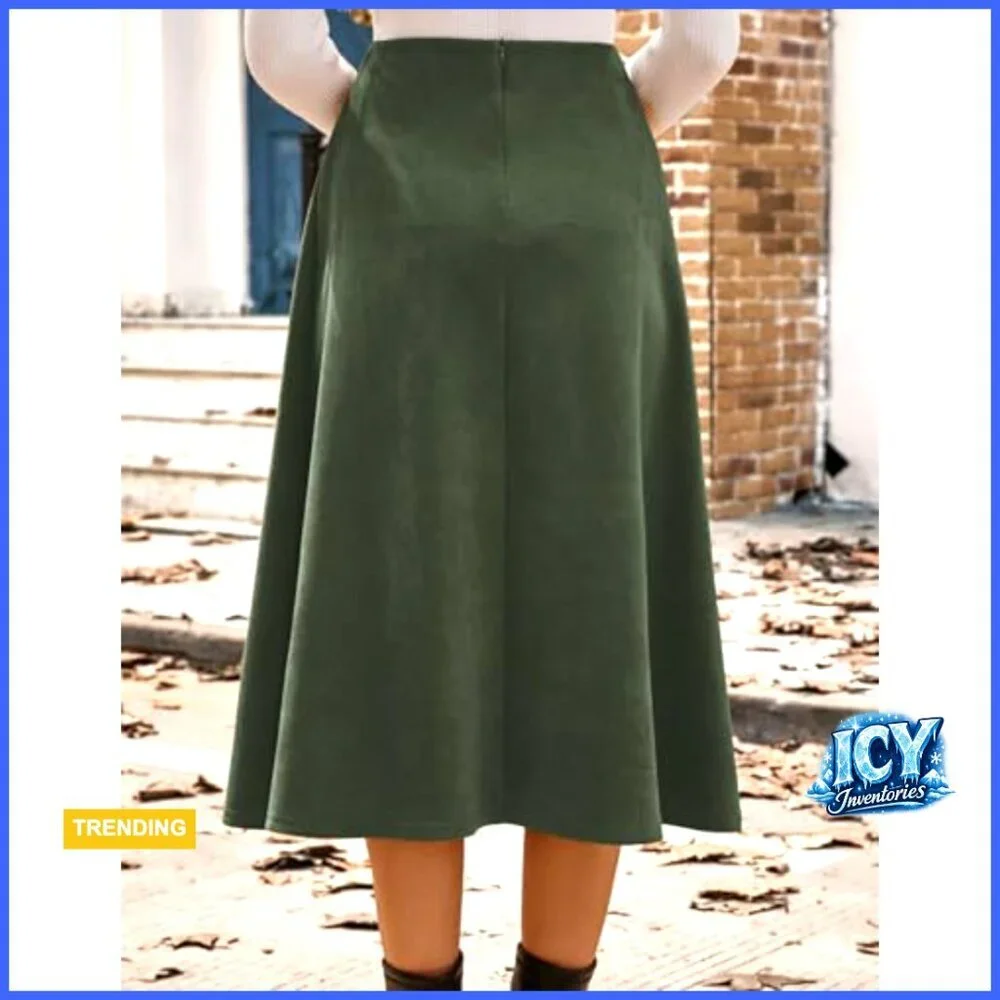 Faux Suede Midi Skirt High Waist A-Line Fall Winter Regular Fit